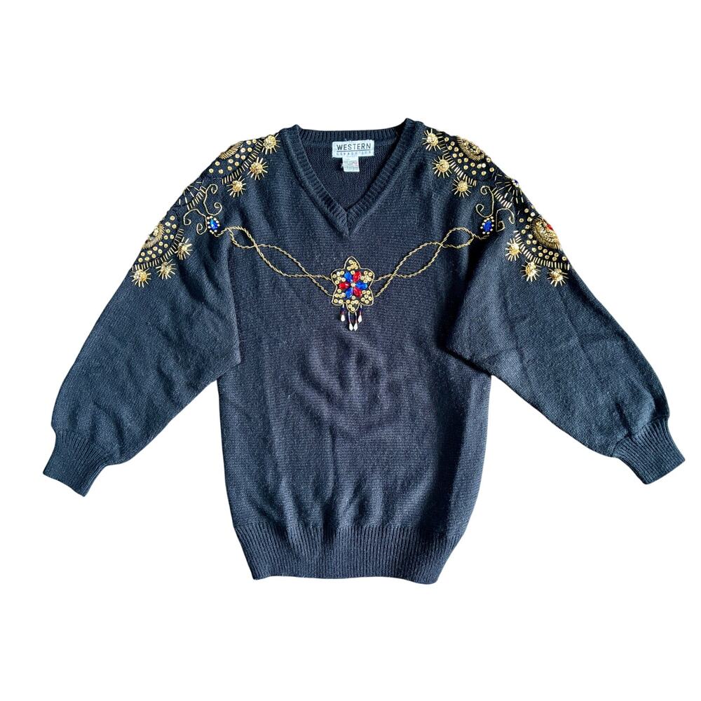 Vintage Western Connection Sequin Sweater Black Gold Sparkle V-Neck Small
